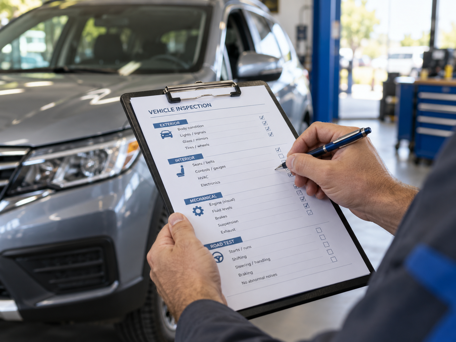 A technician completing a vehicle inspection checklist