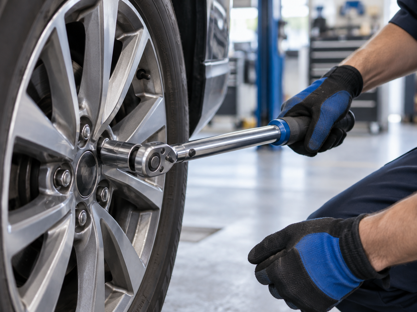 A technician checking a vehicle wheel with a torque wrench